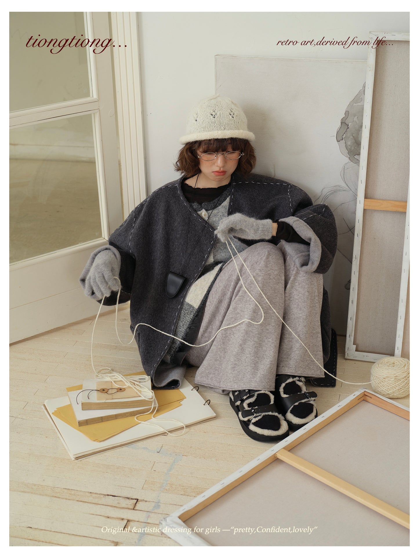 △ダブルフェイスウールで暖か ハンドステッチがポイントに。ドロップショルダーゆったり  ノーカラーコート△