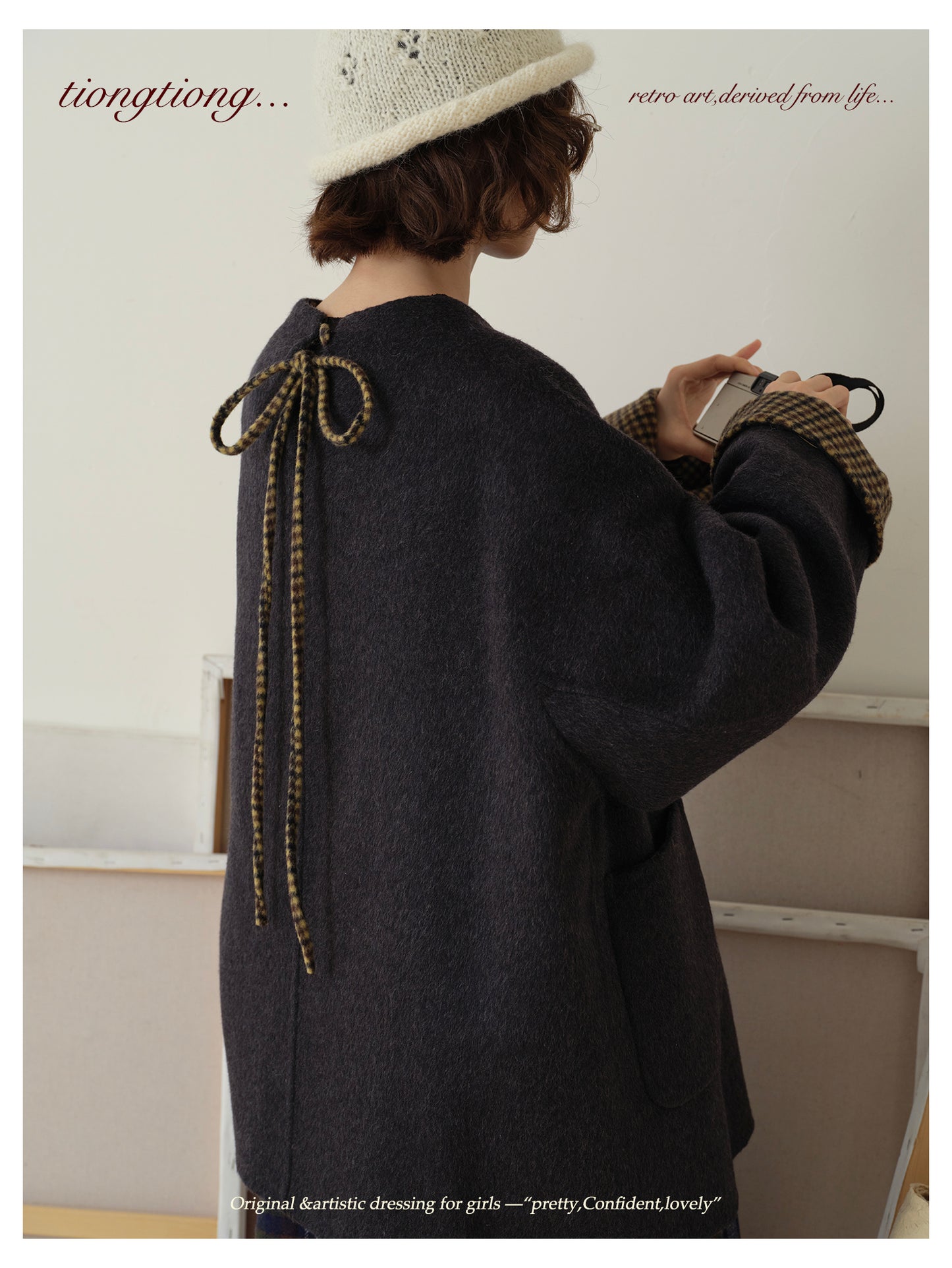 △ダブルフェイスウール×キャメルで暖か ドロップショルダーゆったり  ノーカラーコート△