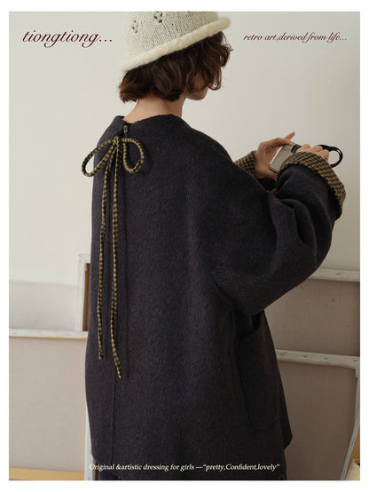 △ダブルフェイスウール×キャメルで暖か ドロップショルダーゆったり  ノーカラーコート△