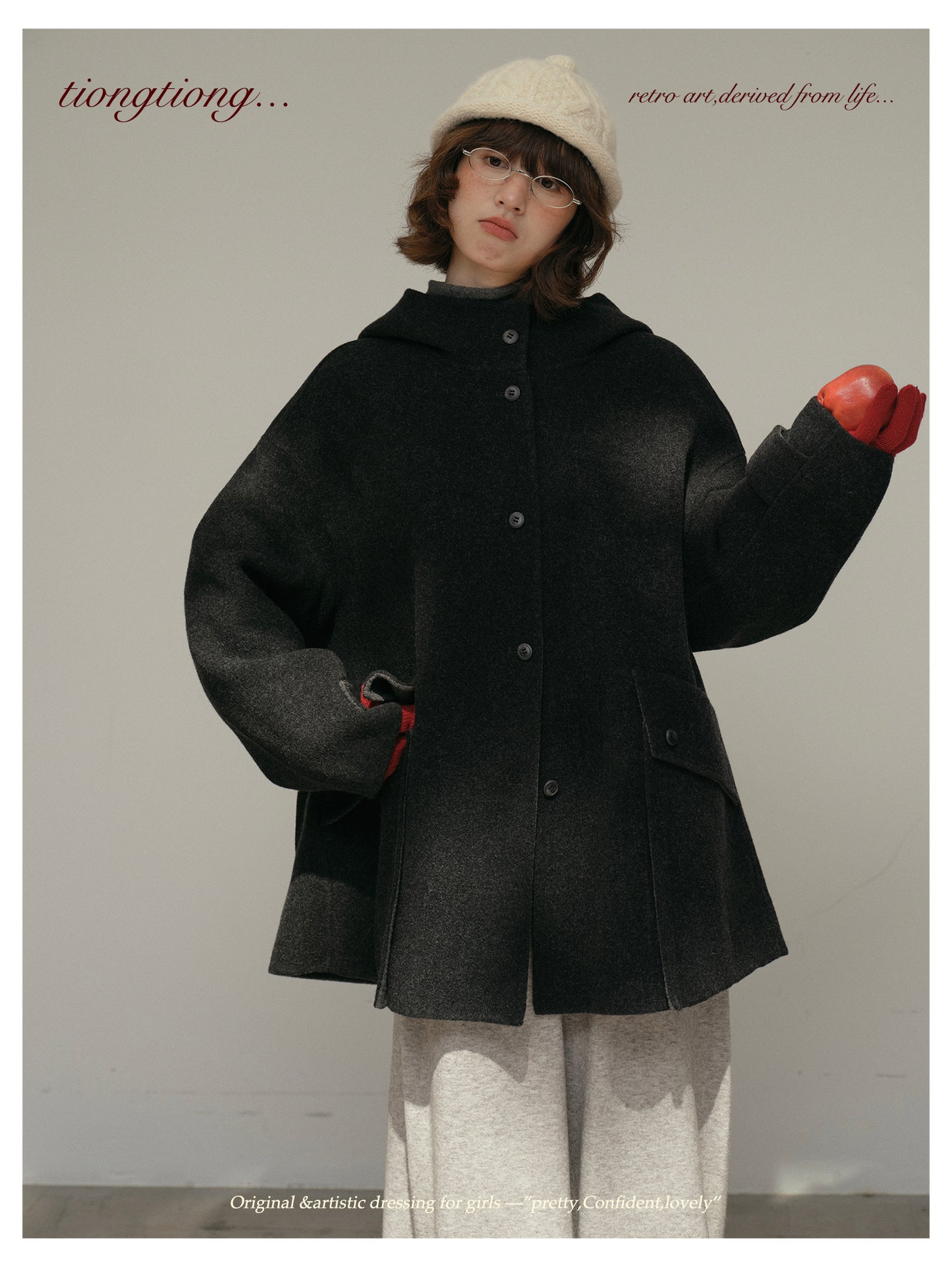 ２色展開◇ダブルフェイスウール×ヤク×シルクで暖かドロップショルダーゆったり フーディーコート◇