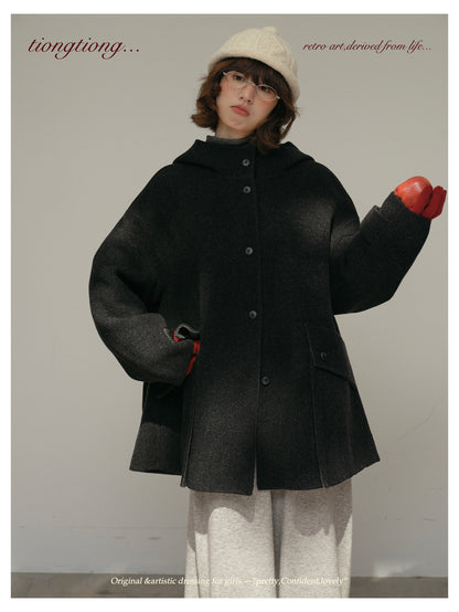 ２色展開◇ダブルフェイスウール×ヤク×シルクで暖かドロップショルダーゆったり フーディーコート◇