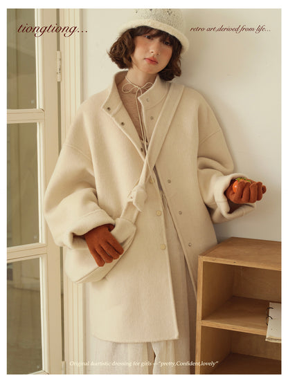 ２色展開△ダブルフェイスウール×キャメルで暖か ドロップショルダーゆったり  スタンドカラーコート△バッグ付き