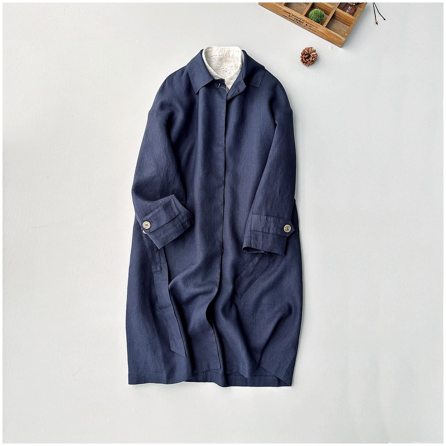 2色展開◇リネン100％ ドロップショルダー ベルテッド ワークコート◇M/Lサイズ