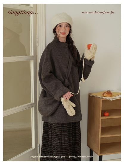 ２色展開△ダブルフェイスウール×キャメルで暖か ドロップショルダーゆったり  スタンドカラーコート△バッグ付き