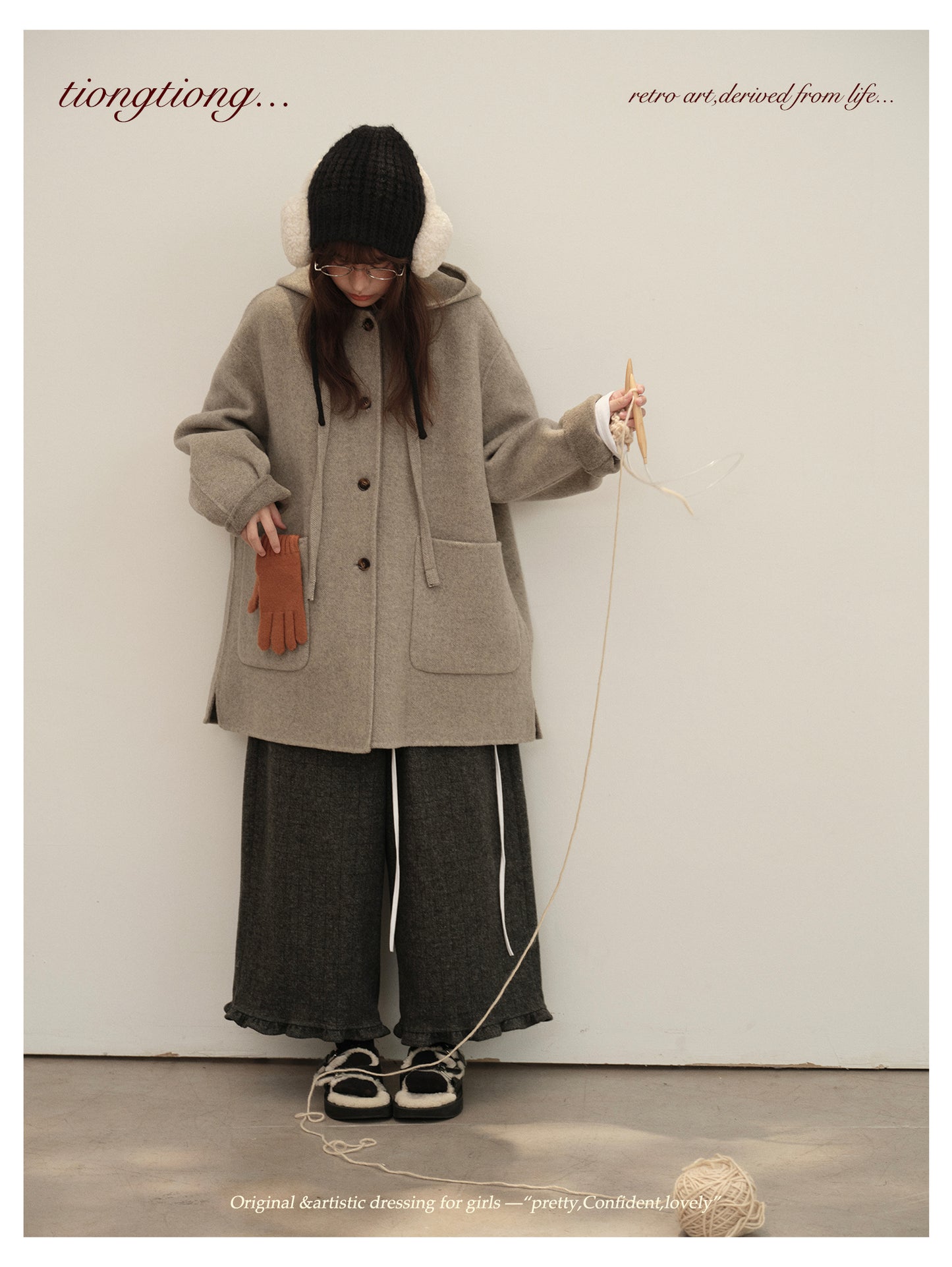 3色展開◇ダブルフェイス カシミア×メリノウールで暖かドロップショルダーゆったり フーディーコート◇