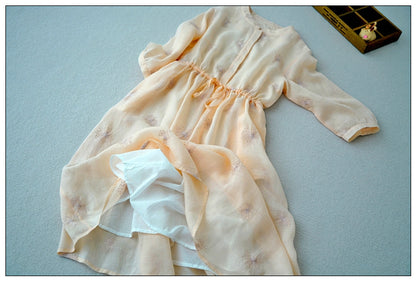 2色展開◇繊細な刺繍装飾◇ラミー苧麻100％ 7分丈ロングバンドカラーワンピース◇裏地付き