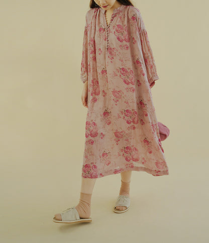 ✩鮮やかなボタニックプリントが美しい✩ドロップショルダー 8分丈 ラミー アブストラクトフラワーワンピース✩