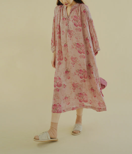 ✩鮮やかなボタニックプリントが美しい✩ドロップショルダー 8分丈 ラミー アブストラクトフラワーワンピース✩