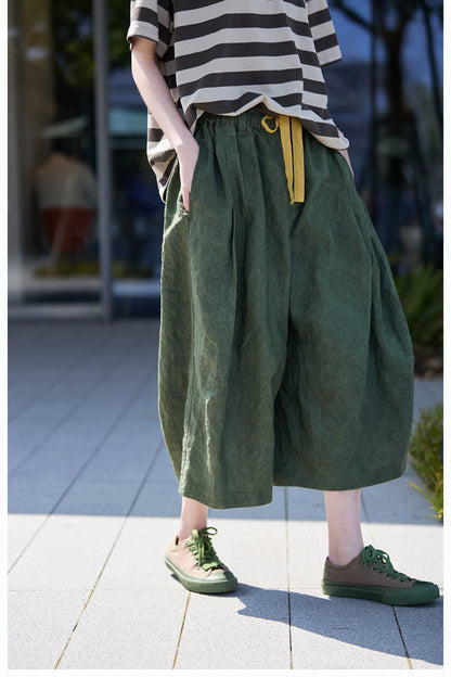 ◇リネン 8部丈 イージーワイドパンツ◇グリーンS/M/L