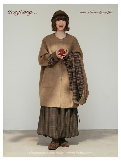 △リバーシブル ダブルフェイスウールで暖か ゆったり  ノーカラーコート△