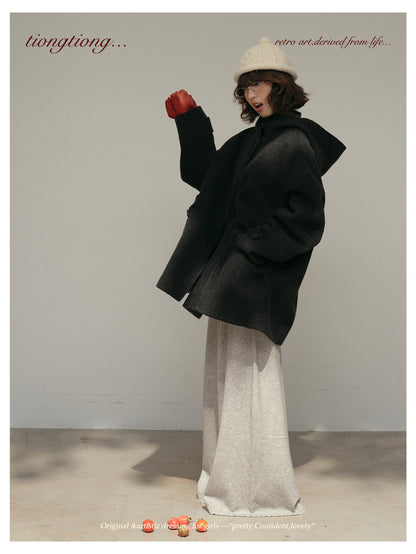 ２色展開◇ダブルフェイスウール×ヤク×シルクで暖かドロップショルダーゆったり フーディーコート◇