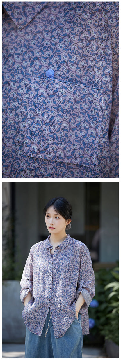 ◇小花柄で品のあるゆったりシルエット ドロップショルダーコットンシルクシャツ◇M/Lサイズ