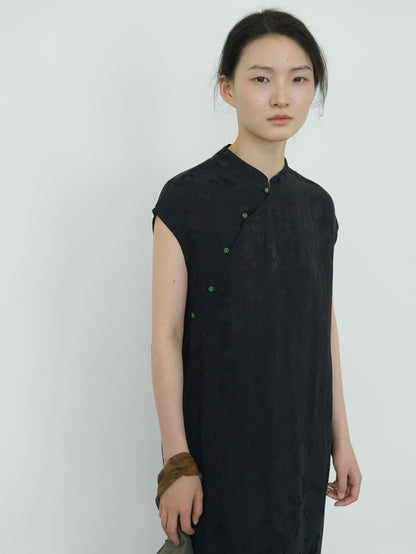 ◇オリエンタルなデザインに美しい花柄のジャガード織りが上品な印象◇レーヨンフレンチスリーブ ワンピース◇