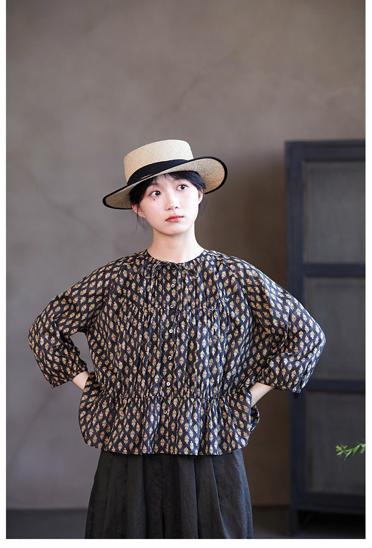 ◇品のあるフラワープリント◇ロングスリーブ ウエストギャザーコットンブラウス◇