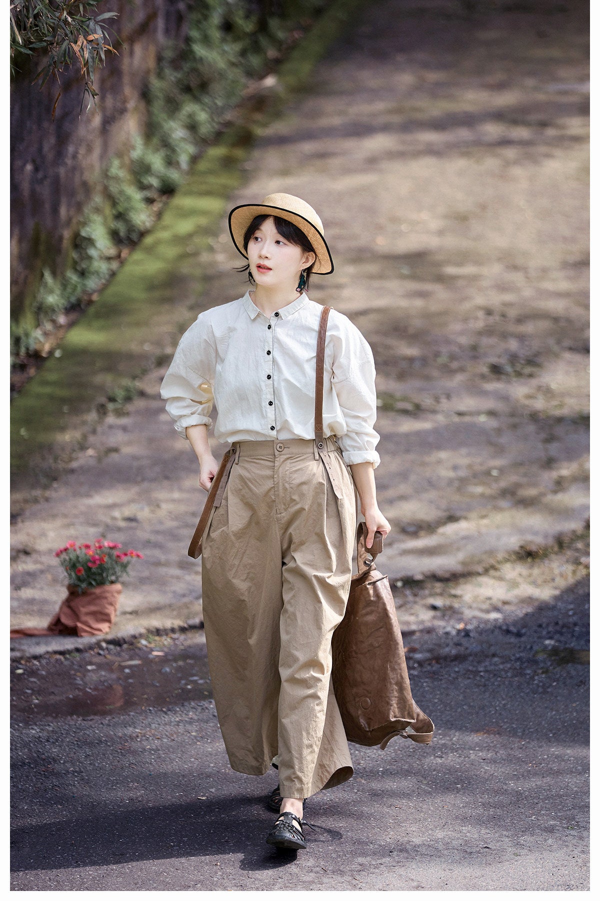 ◇コットン  サスペンダー付きフルレングスワイド イージーパンツ◇S/M/L
