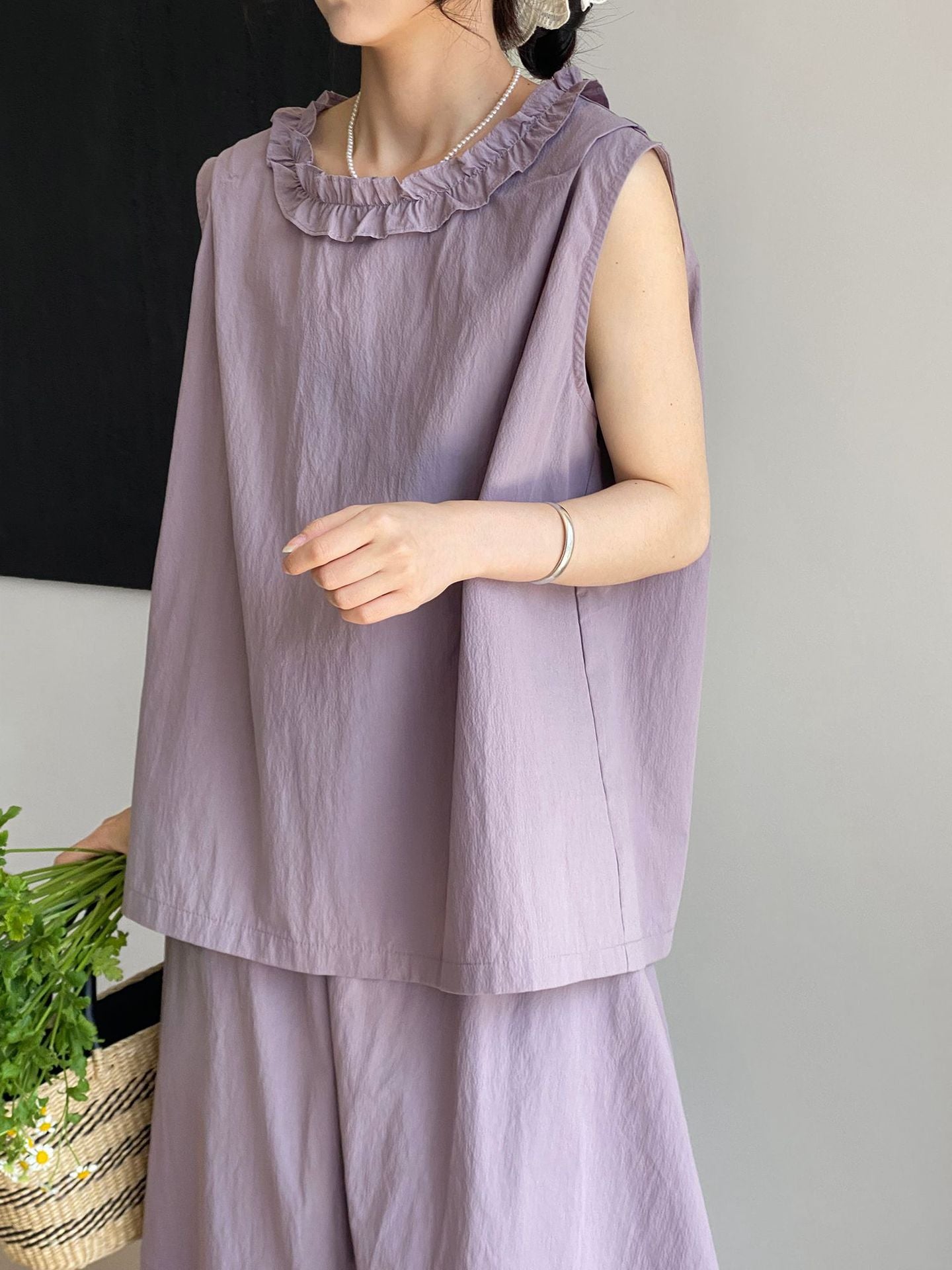 セットアップデザイン◇2色展開◇フリルネックブラウス＆ロングスカート◇M/Lサイズ