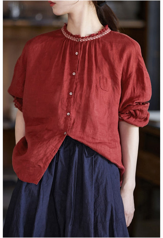 ◇刺繍リネンギャザー シャツ◇
