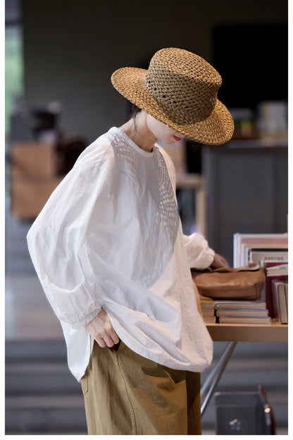Tシャツ感覚で着れるカジュアル感✩薄手高密度コットン バックボタン ドロップショルダー プルオーバーシャツ✩M/Lサイズ