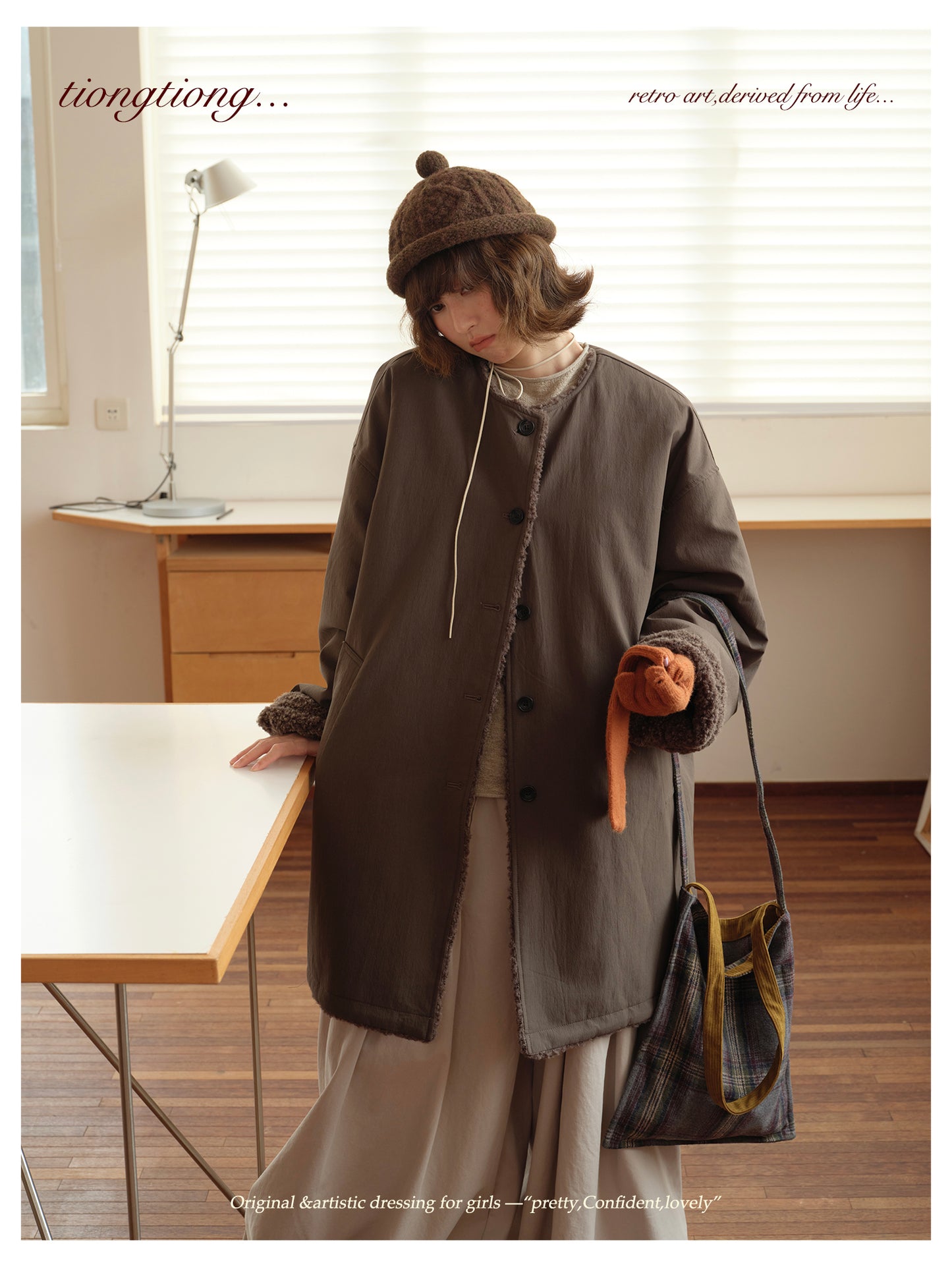 △裏地はたっぷりボアで暖か ドロップショルダーゆったり  ノーカラーコート△