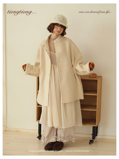 ２色展開△ダブルフェイスウール×キャメルで暖か ドロップショルダーゆったり  スタンドカラーコート△バッグ付き