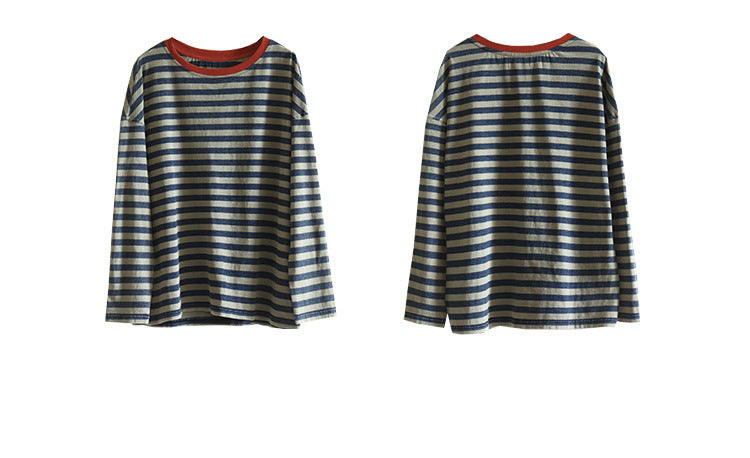 ◇赤のリンガーネックがポイントに◇100％コットン長袖ボーダーTシャツ▽