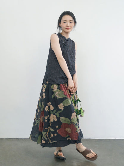 ◇鮮やかなフラワープリントが美しい◇風通し良く夏にピッタリ◇リネン Aラインスカート◇
