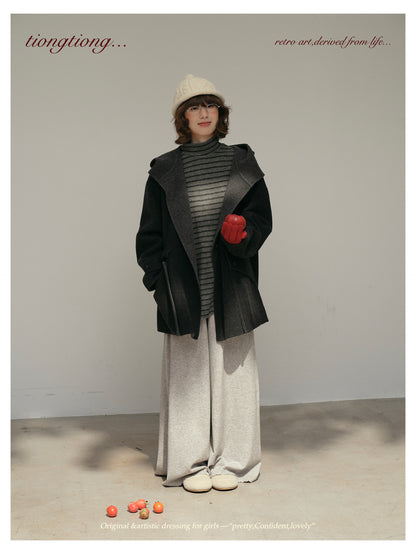 ２色展開◇ダブルフェイスウール×ヤク×シルクで暖かドロップショルダーゆったり フーディーコート◇