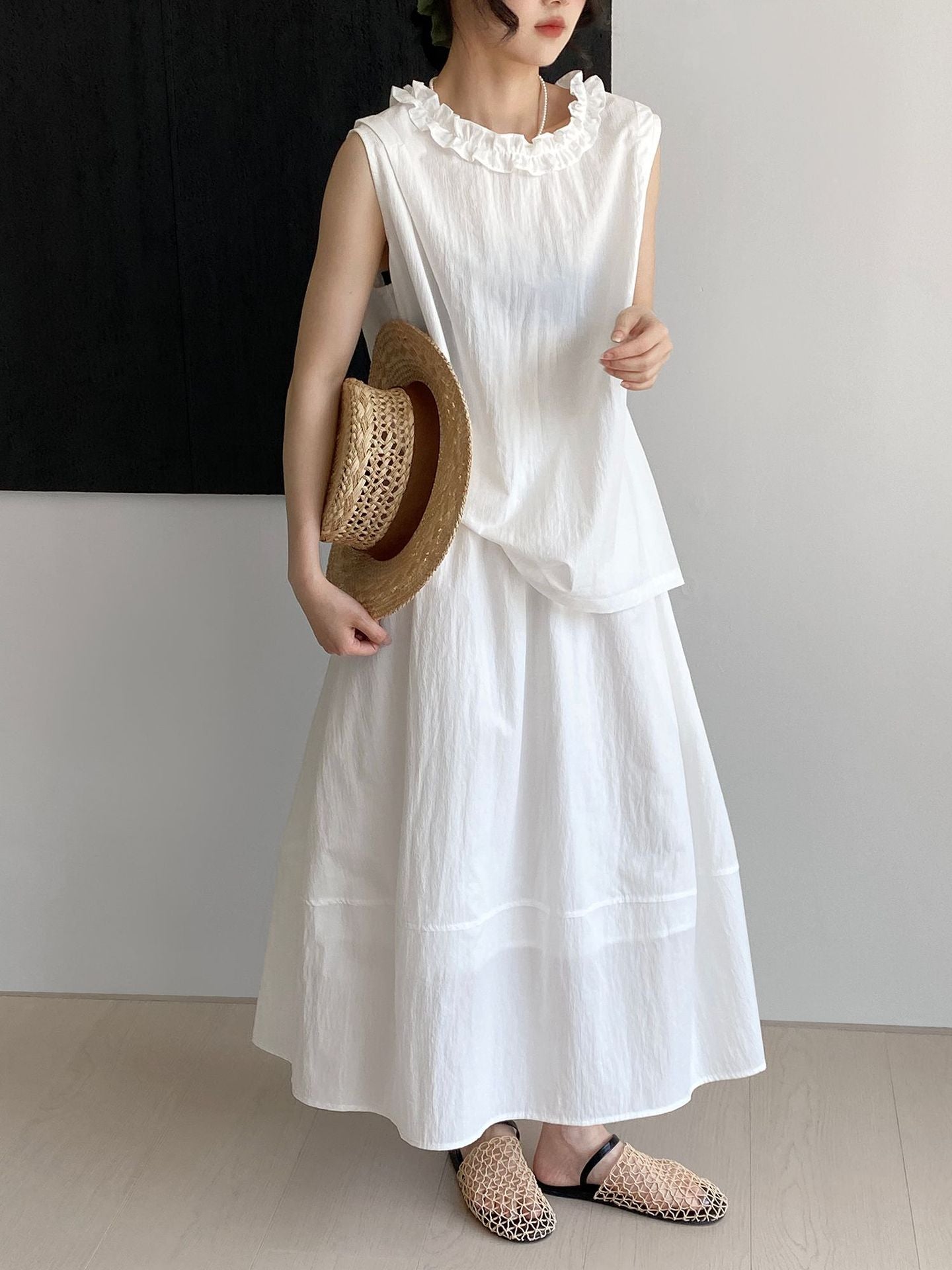 セットアップデザイン◇2色展開◇フリルネックブラウス＆ロングスカート◇M/Lサイズ