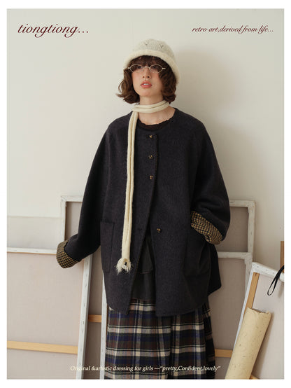 △ダブルフェイスウール×キャメルで暖か ドロップショルダーゆったり  ノーカラーコート△