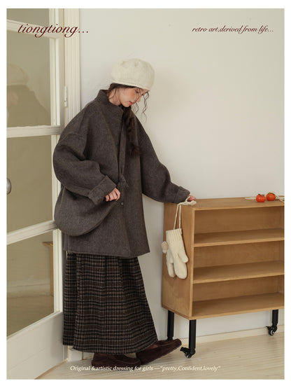 ２色展開△ダブルフェイスウール×キャメルで暖か ドロップショルダーゆったり  スタンドカラーコート△バッグ付き