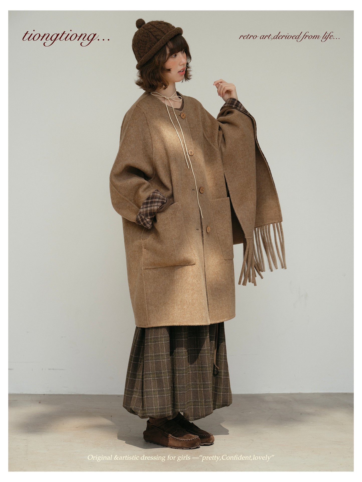 △リバーシブル ダブルフェイスウールで暖か ゆったり  ノーカラーコート△