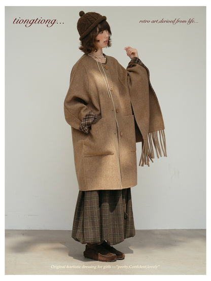 △リバーシブル ダブルフェイスウールで暖か ゆったり  ノーカラーコート△