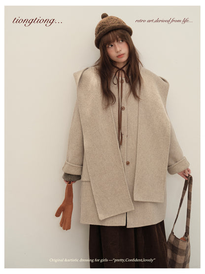 △ダブルフェイスメリノウールで暖か ドルマンスリーブゆったり  ノーカラーコート△マフラー付き