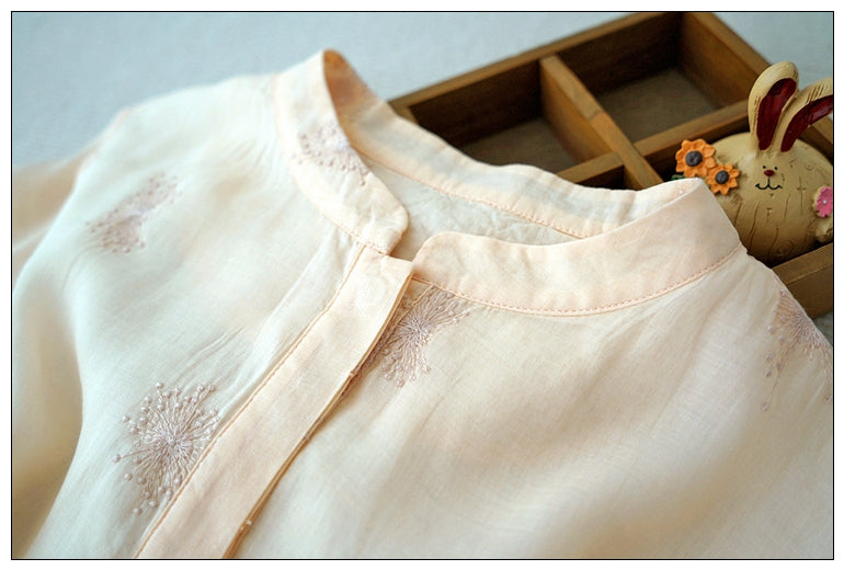 2色展開◇繊細な刺繍装飾◇ラミー苧麻100％ 7分丈ロングバンドカラーワンピース◇裏地付き
