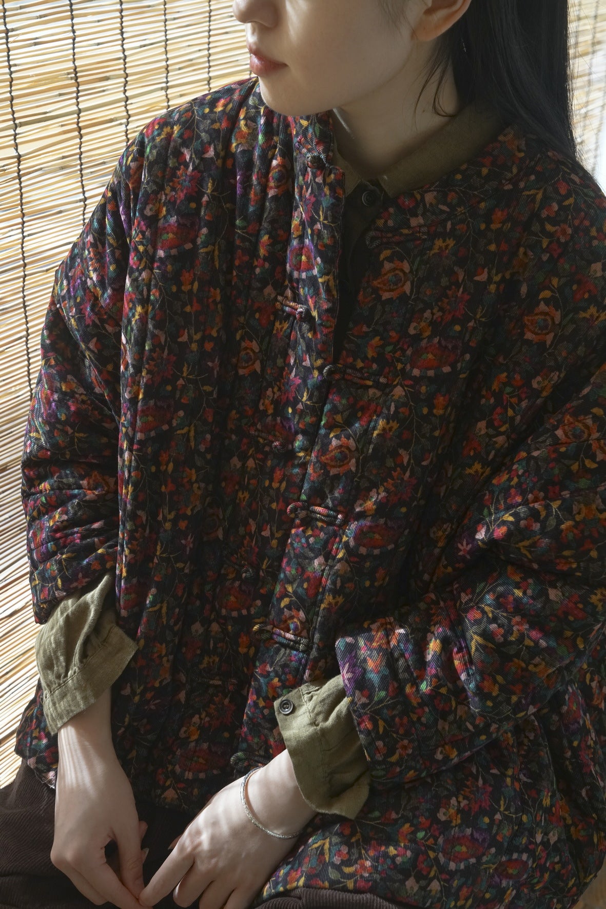2色展開◇小花柄コットン生地 ゆったりシルエット 中綿 オリエンタル ジャケット◇