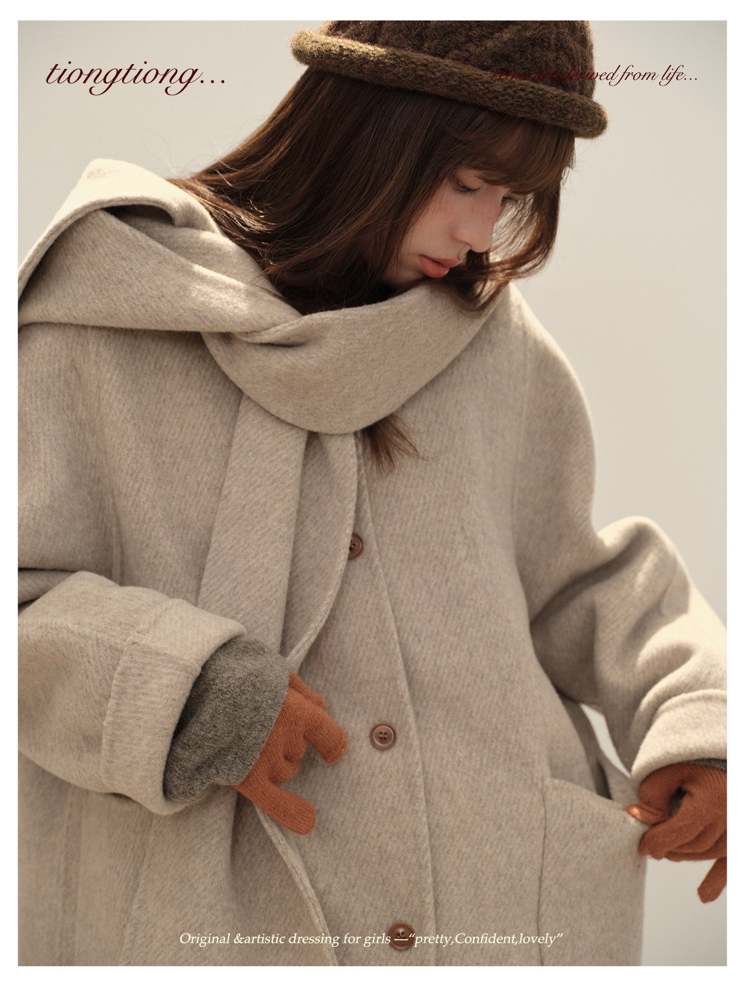 △ダブルフェイスメリノウールで暖か ドルマンスリーブゆったり  ノーカラーコート△マフラー付き