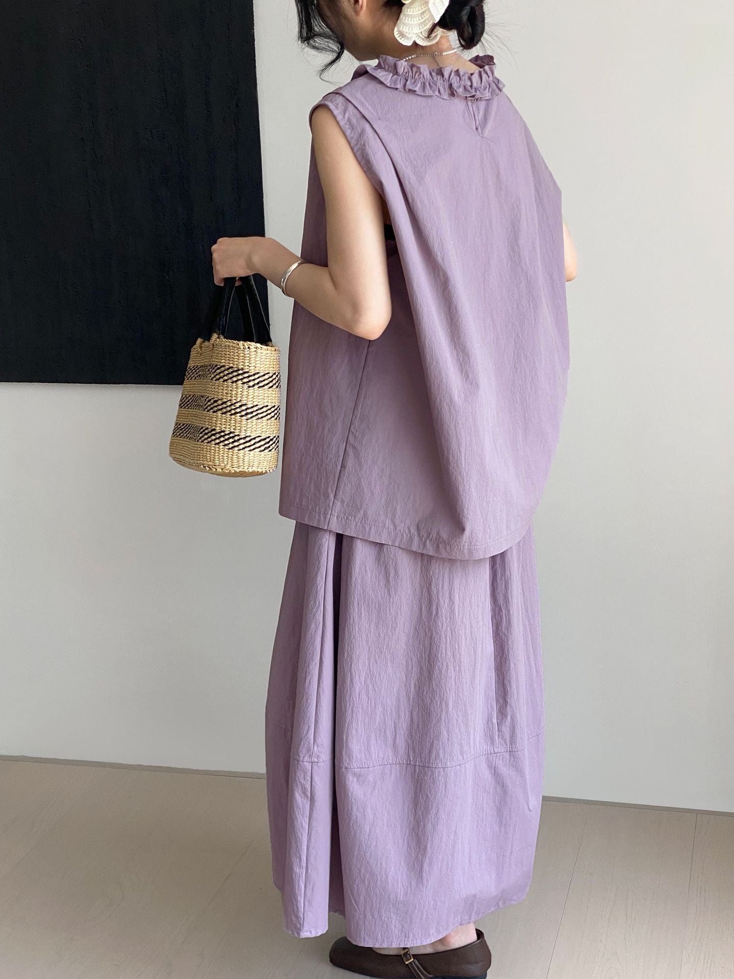 セットアップデザイン◇2色展開◇フリルネックブラウス＆ロングスカート◇M/Lサイズ