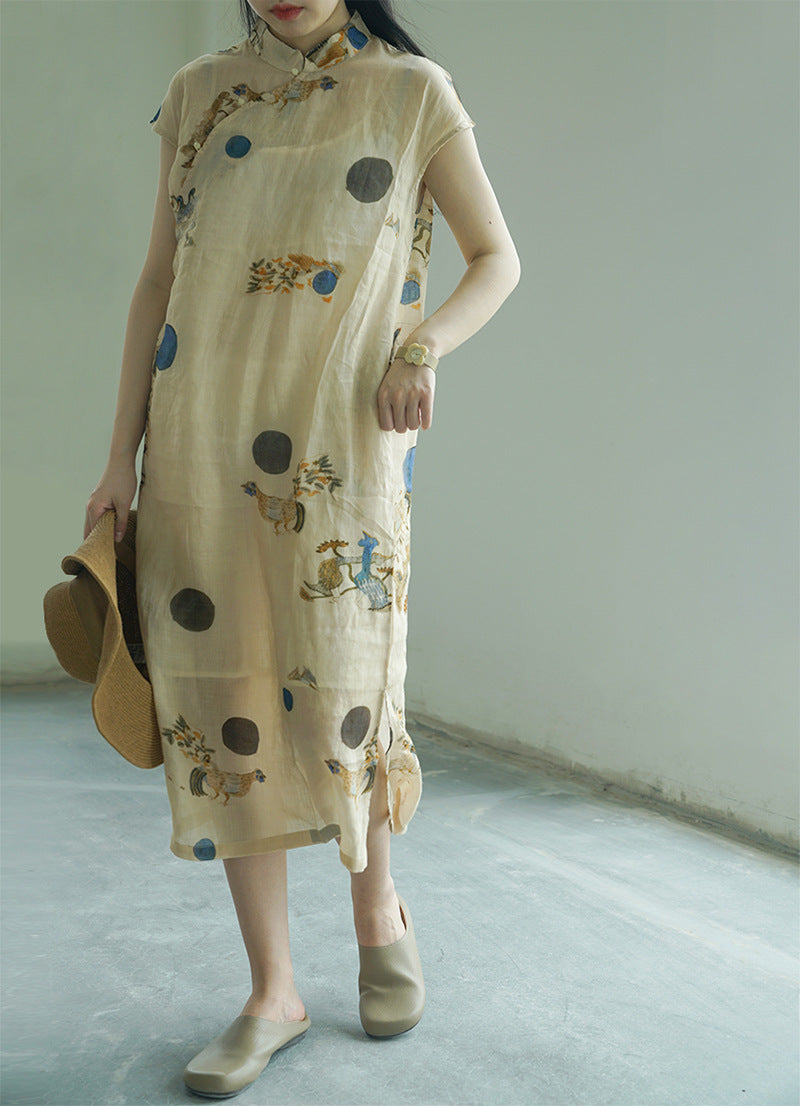 ◇水彩プリントが美しい ノーカラー ラミー フレンチスリーブ ワンピース◇
