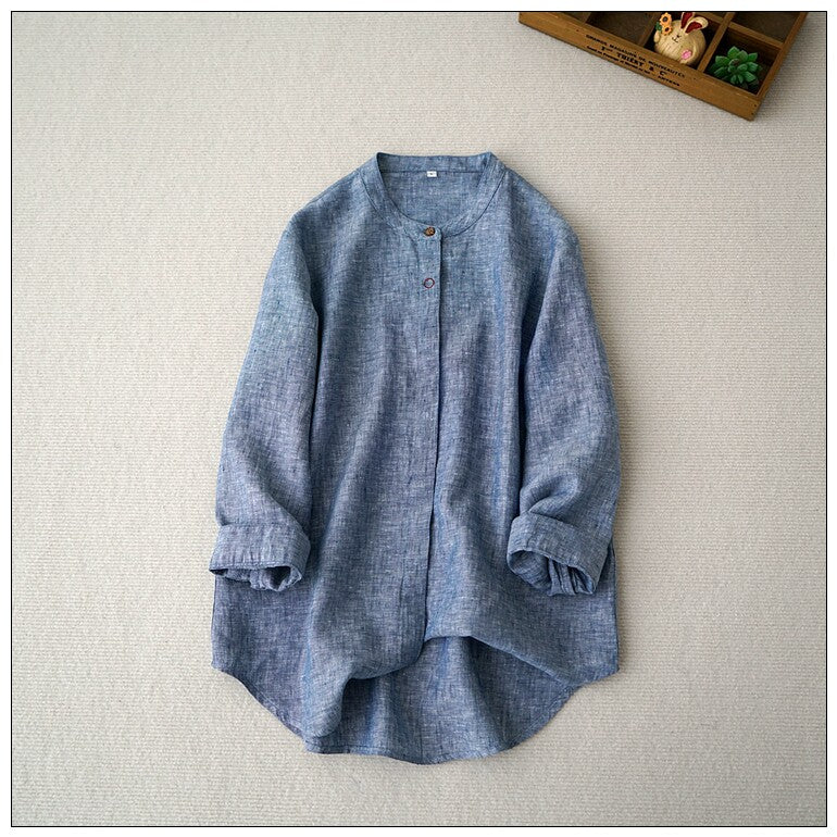 4色展開☆ゆったりシルエットリネン ステッチデザイン バンドカラーシャツ☆ M/L/XL