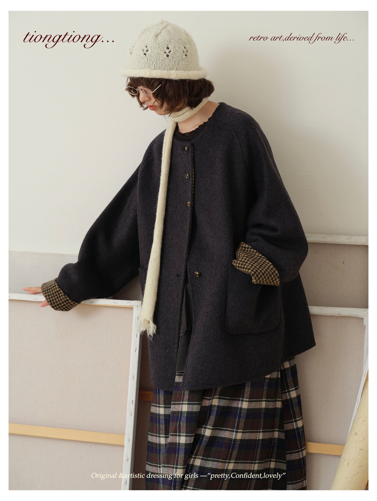 △ダブルフェイスウール×キャメルで暖か ドロップショルダーゆったり  ノーカラーコート△