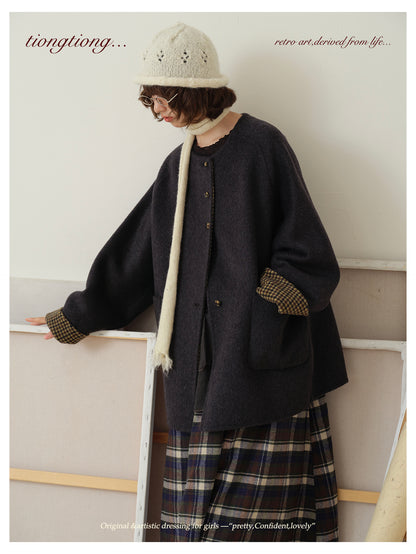 △ダブルフェイスウール×キャメルで暖か ドロップショルダーゆったり  ノーカラーコート△