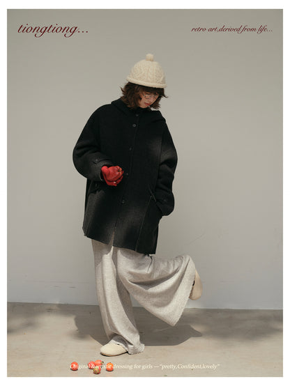 ２色展開◇ダブルフェイスウール×ヤク×シルクで暖かドロップショルダーゆったり フーディーコート◇