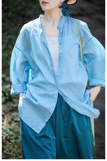 爽やかなライトブルー◇コットンドロップショルダー ゆったりシルエットバンドカラーシャツ◇ S/M/Lサイズ
