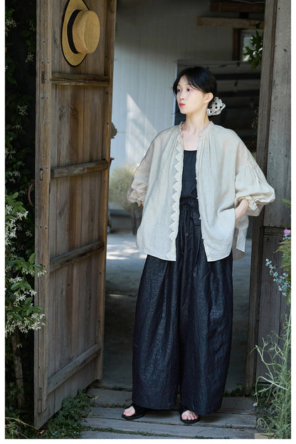 ✩品のある前立て＆ネックのフリル使い✩リネン ギャザー＆フリル ドロップショルダー ブラウス✩ M/Lサイズ