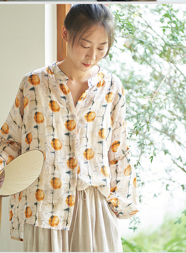 ◇オレンジプリントが爽やか◇ゆったりドロップショルダーラミー シャツ◇