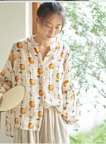 ◇オレンジプリントが爽やか◇ゆったりドロップショルダーラミー シャツ◇
