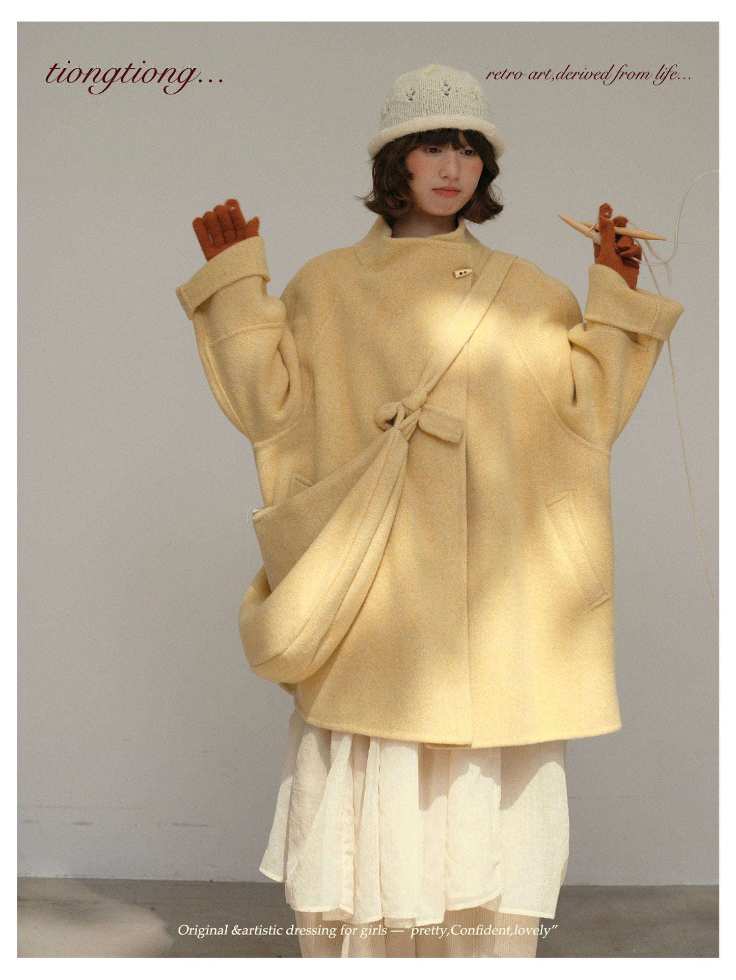 3色展開◇ダブルフェイス ウール×キャメルウールで暖かドロップショルダーゆったりコート◇バッグ付き