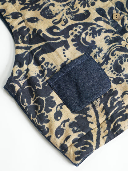 ✩バティック柄 ボタニックプリント リネン 切り替え中綿ベスト☆