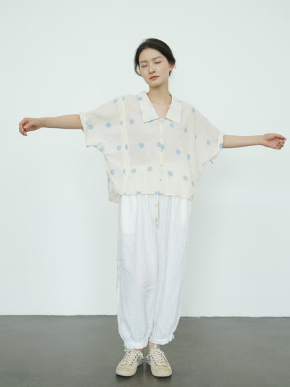 ◇織り柄によるフラワー柄可愛い◇コットン ドロップショルダー半袖ブラウス◇