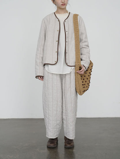 ◇軽量  暖か リネン ノーカラー スナップボタンジャケット◇